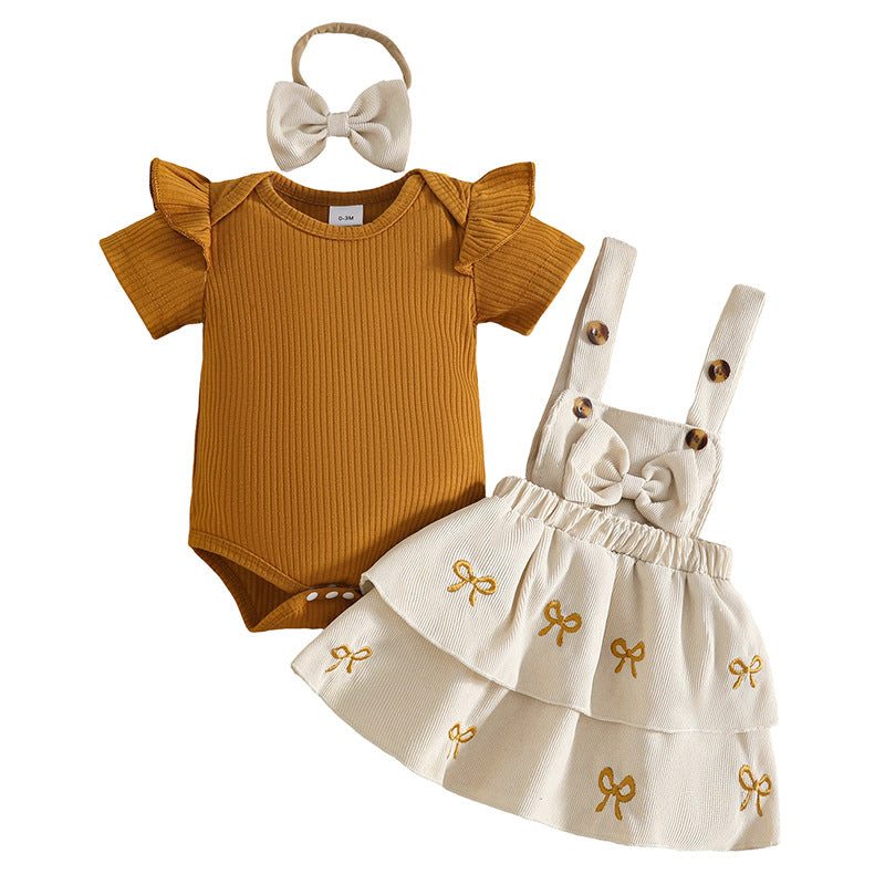 Sleeve Triangle Rompers Bow Embroidered Suspender Dress Headdress Three-piece Children's Suit