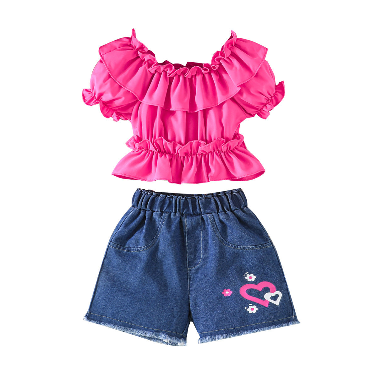 Summer Wear Pure Color Ruffles Top Love Denim Children's Suit