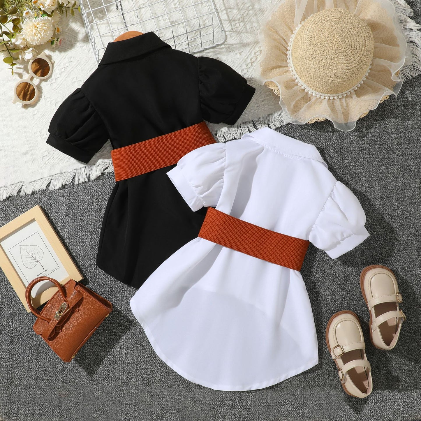 Lantern Short Sleeve Lapel Loose Single-breasted A- Line Shirt Children's Suit