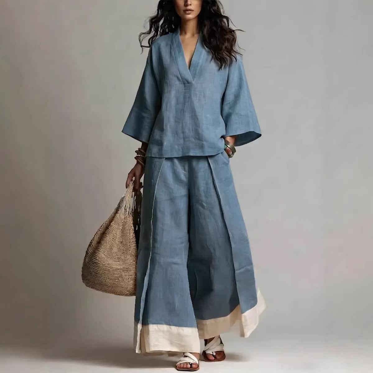 Women's Cotton Linen French Style Three-quarter Sleeve Shirt Contrast Color Suits