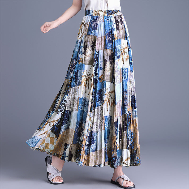 Women's Vacation Ethnic Style Contrast Color Floral Pleated Elastic High Waist Skirt