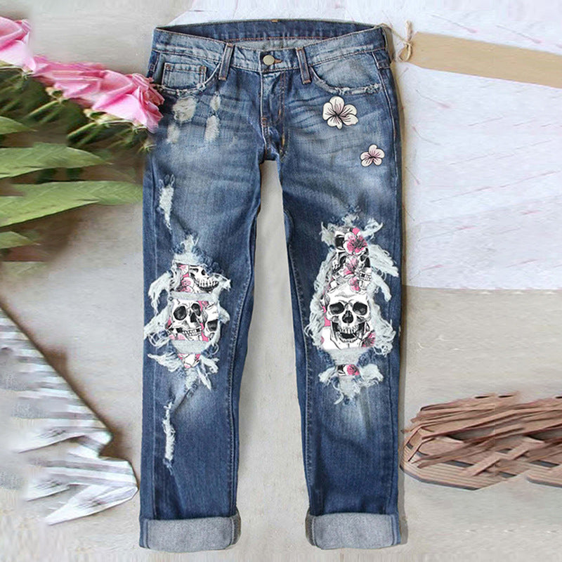 Women's Ripped Trendy Skull Edged Trousers Women's Jeans