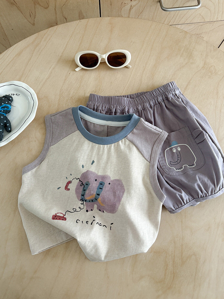 Summer Cartoon Sleeveless T-shirt Shorts Two-piece Set Clothes Children's Suit