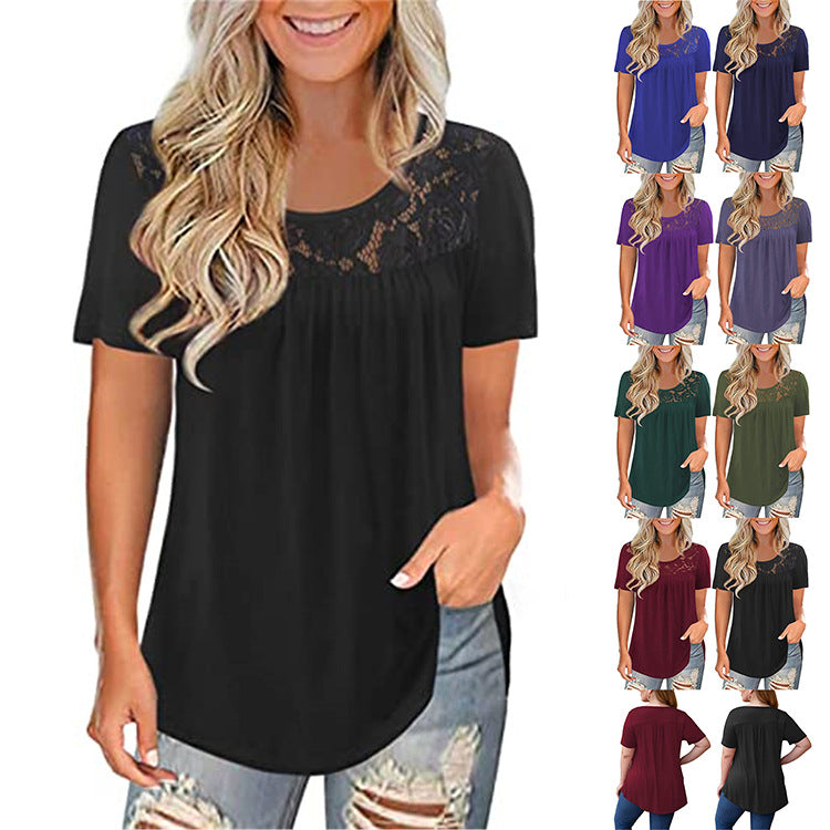 Women's Sleeve Lace Pleated Shirt Summer Waist Temperament Plus Size