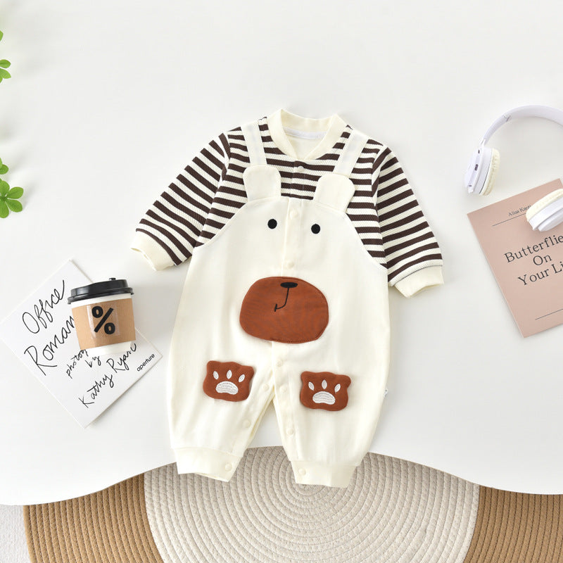 Strap Striped Jumpsuit Bear Fake Two-piece Embroidery Cute Jumpsuit, Climbing Suit
