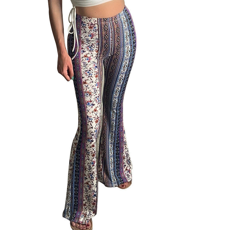 Spring Bohemian High Elastic Tight Flared Casual Pants