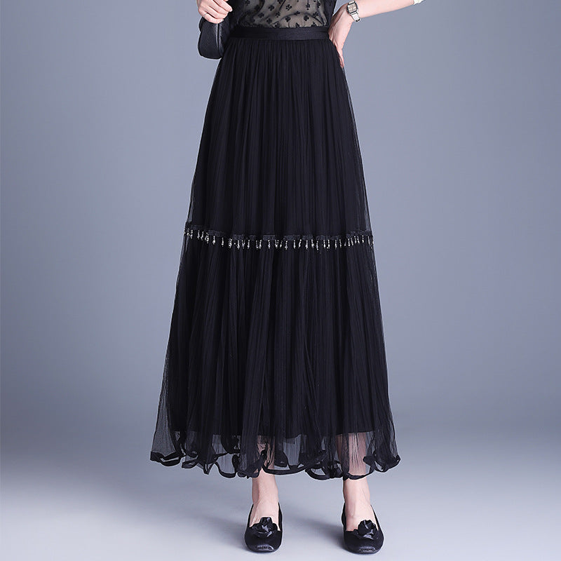 Women's Gauze High Waist Slimming A- Line Beaded Pleated Mesh Mid-length Skirts