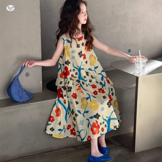 Children's Vest Vacation Style Beach Long Floral Children's Dress