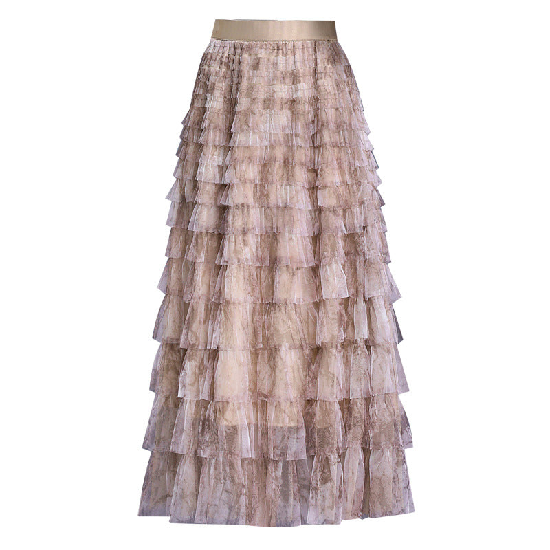Women's Design Gradient Color Mesh Autumn Cake Dress A- Skirt