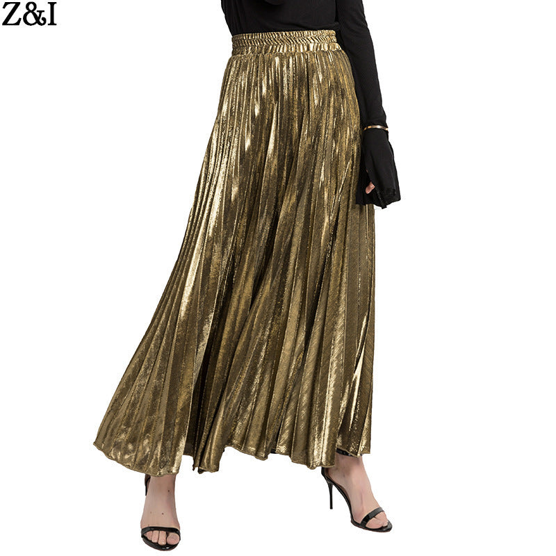 Women's Pleated Long High Waist Big Swing Gold Beach Skirts