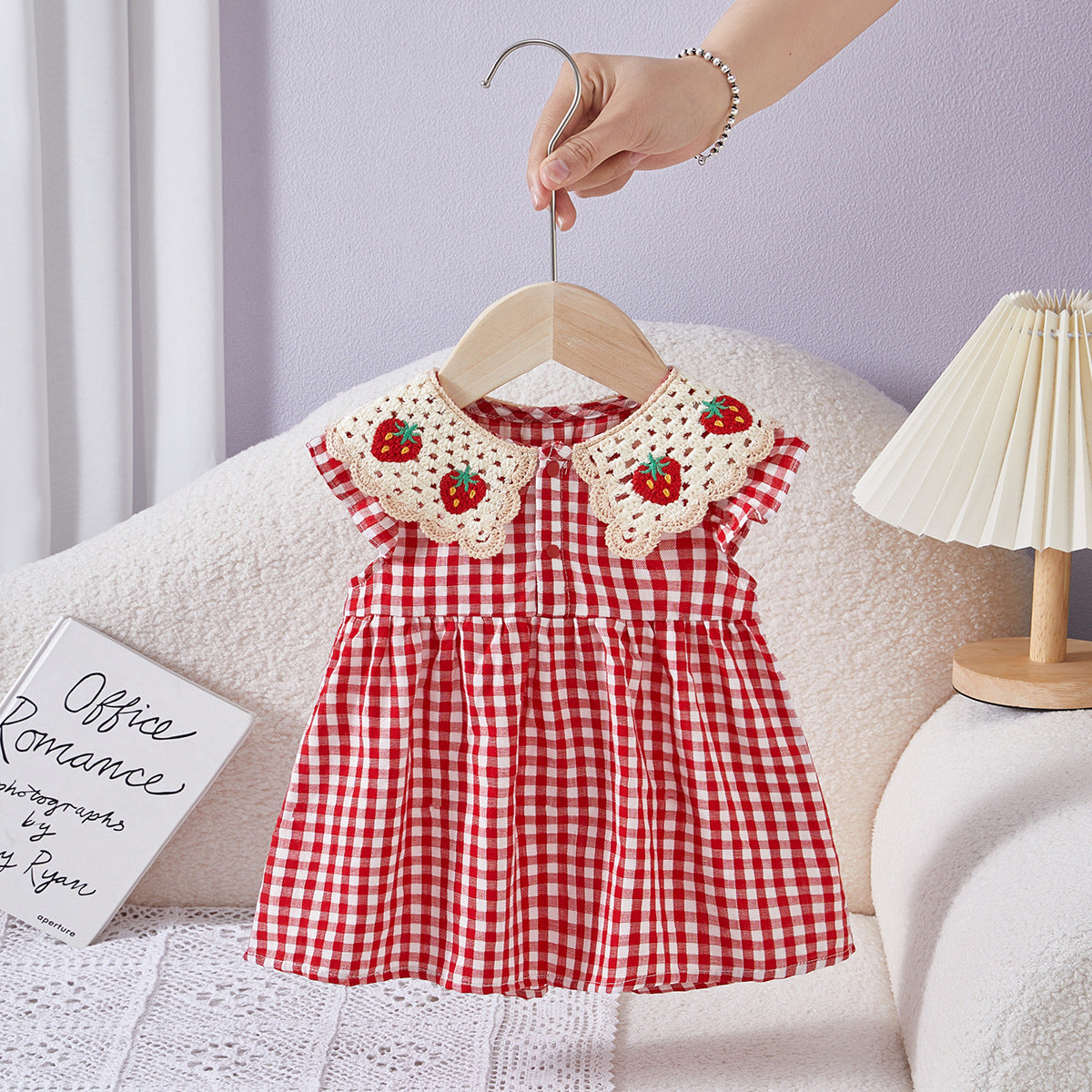 Children's Autumn Plaid Korean Style Sleeveless Strawberry Lace Children's Dress