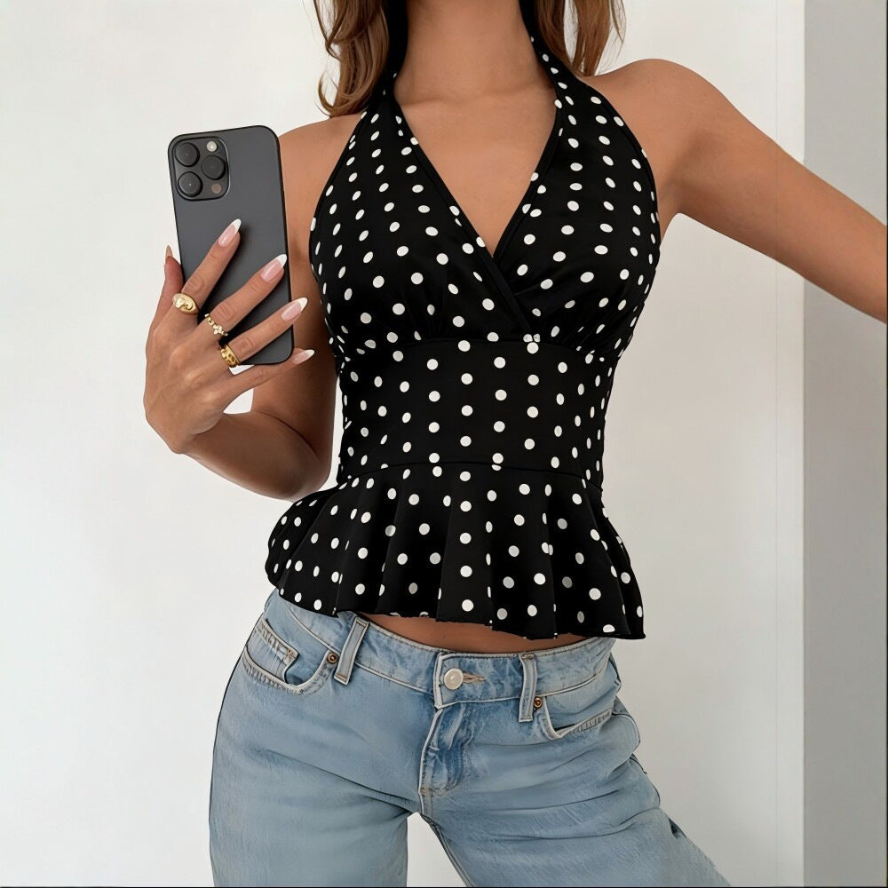 Retro Dots Printed Halter Backless Sexy Sling Elegant Tops