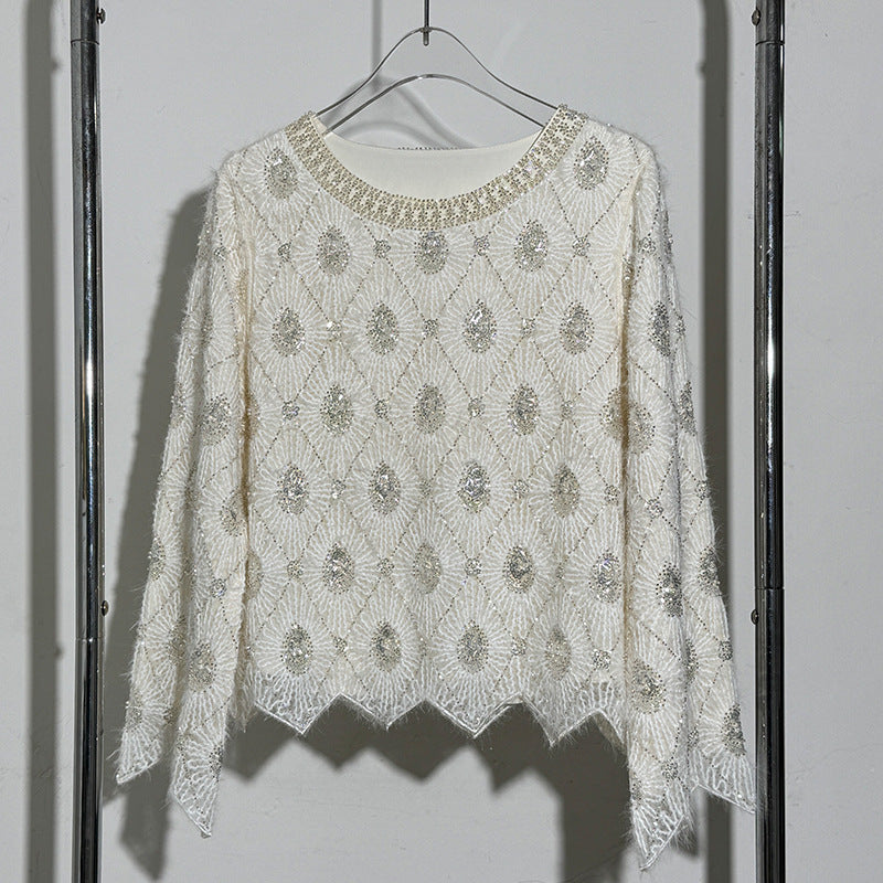 Women's Beaded Sequins Elegant Serrated Edge Rhombus Round Neck Long Sleeve Tops