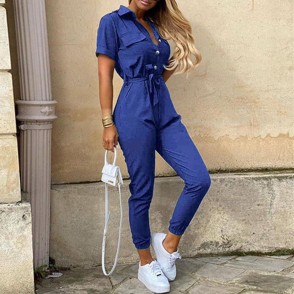 Women's Summer Trousers Lapel Button Printed Belt Casual Pants