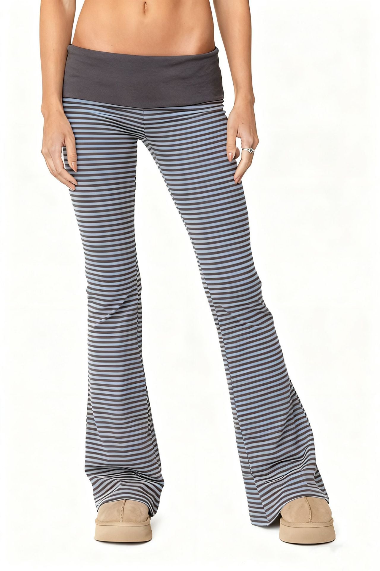 Women's Hot Low Waist Trousers Home Mixed Color Stripe Wide Casual Pants