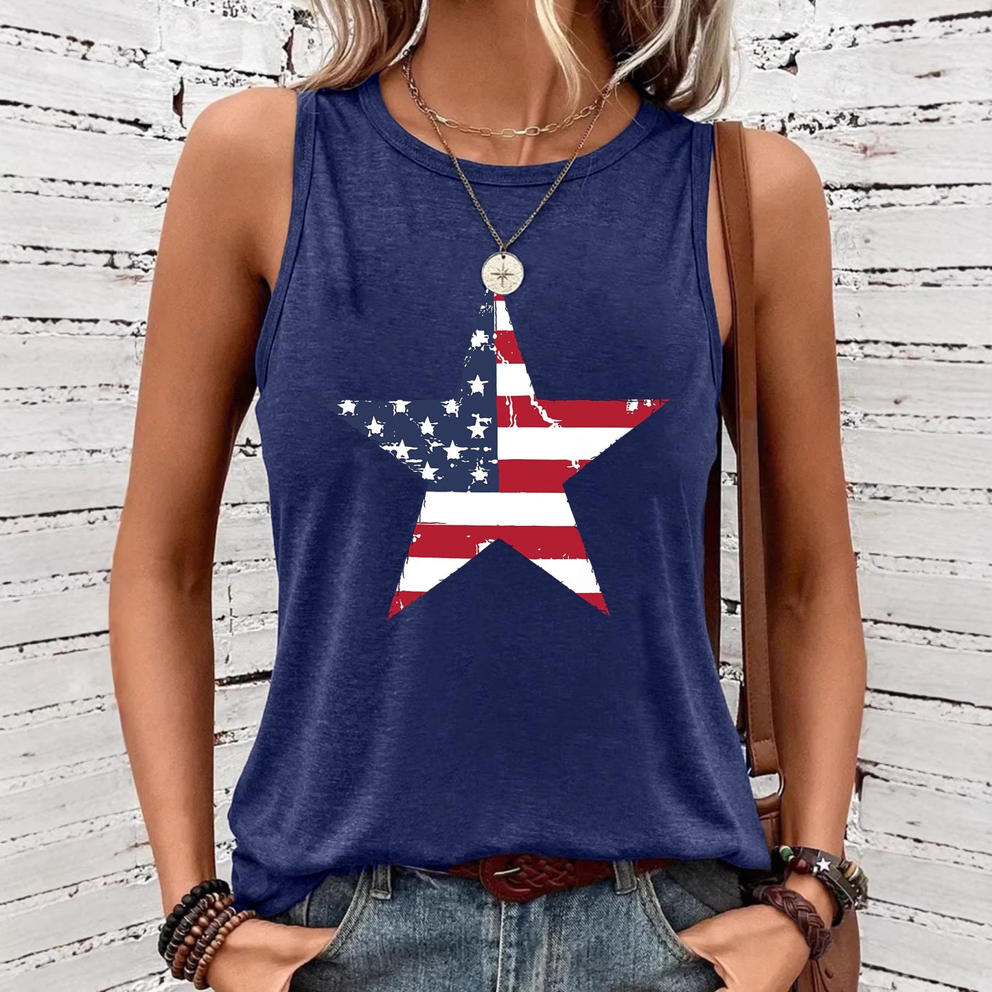 Women's Sleeveless Five-pointed Star Flag Printed Sling Backless Sexy Loose Vests