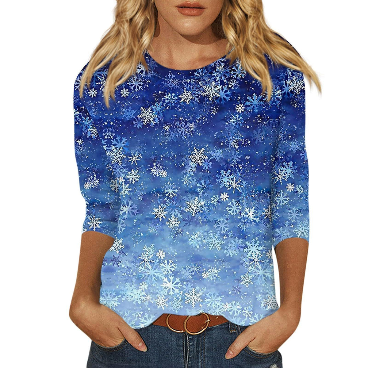 Women's Printed Solid Color Three-quarter Length Sleeve Long Women's T-shirt