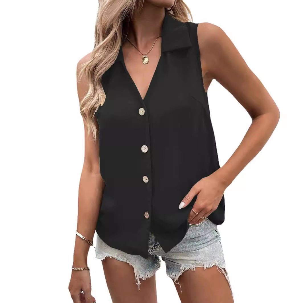 Women's Summer Solid Color Loose Sleeveless Button Lace Shirt, Chiffon Shirt