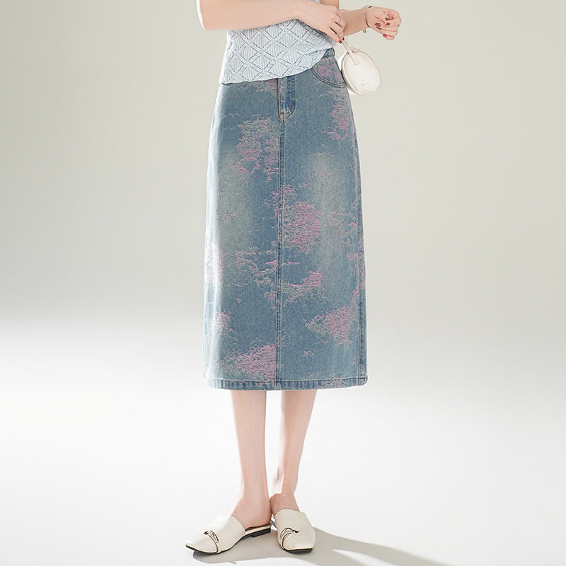 Women's Pink Purple Jacquard Embroidered Wide Leg Denim Design Skirts