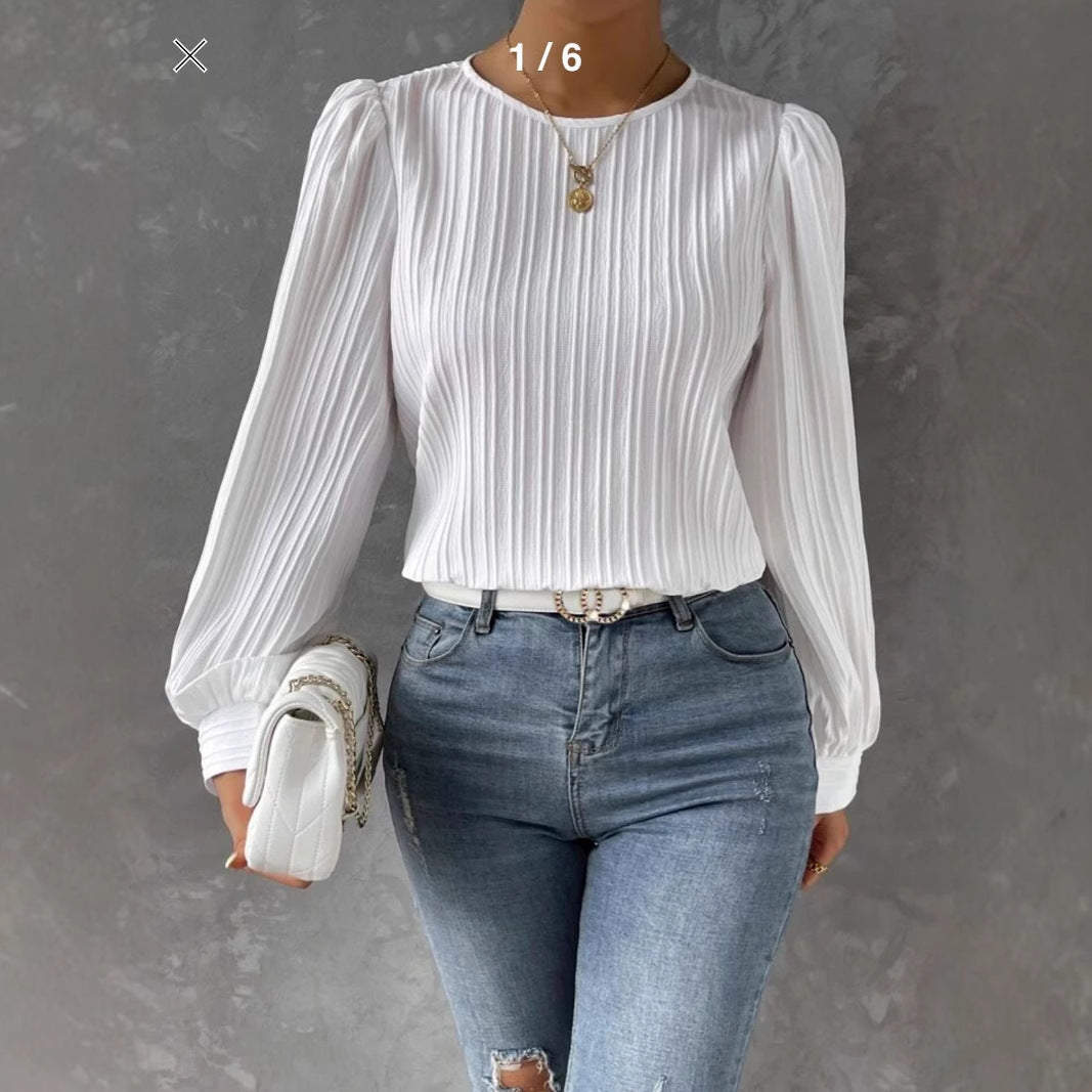 Spring Round Neck Lantern Sleeve Long Solid Color Blouses