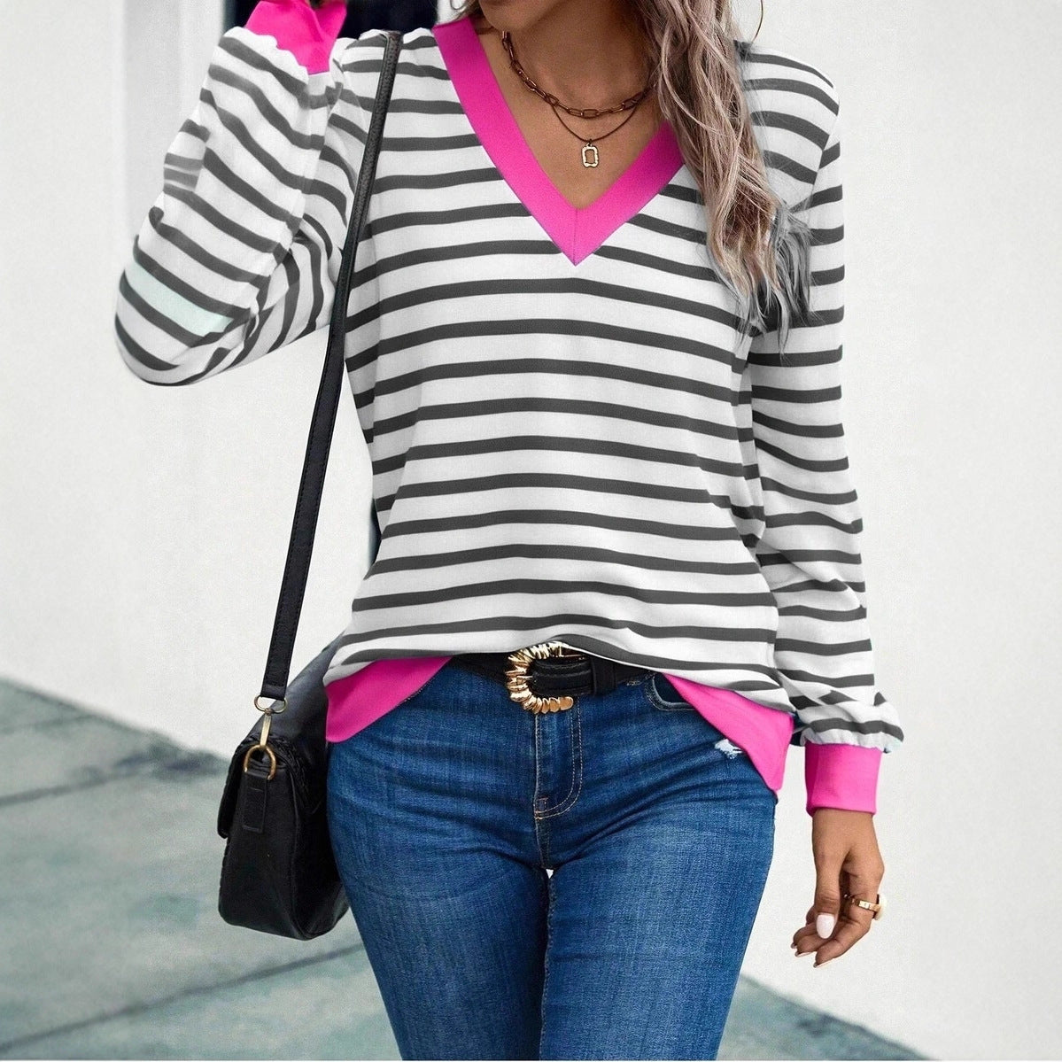 Women's Casual Striped V Neck Pullover Long Women's T-shirt