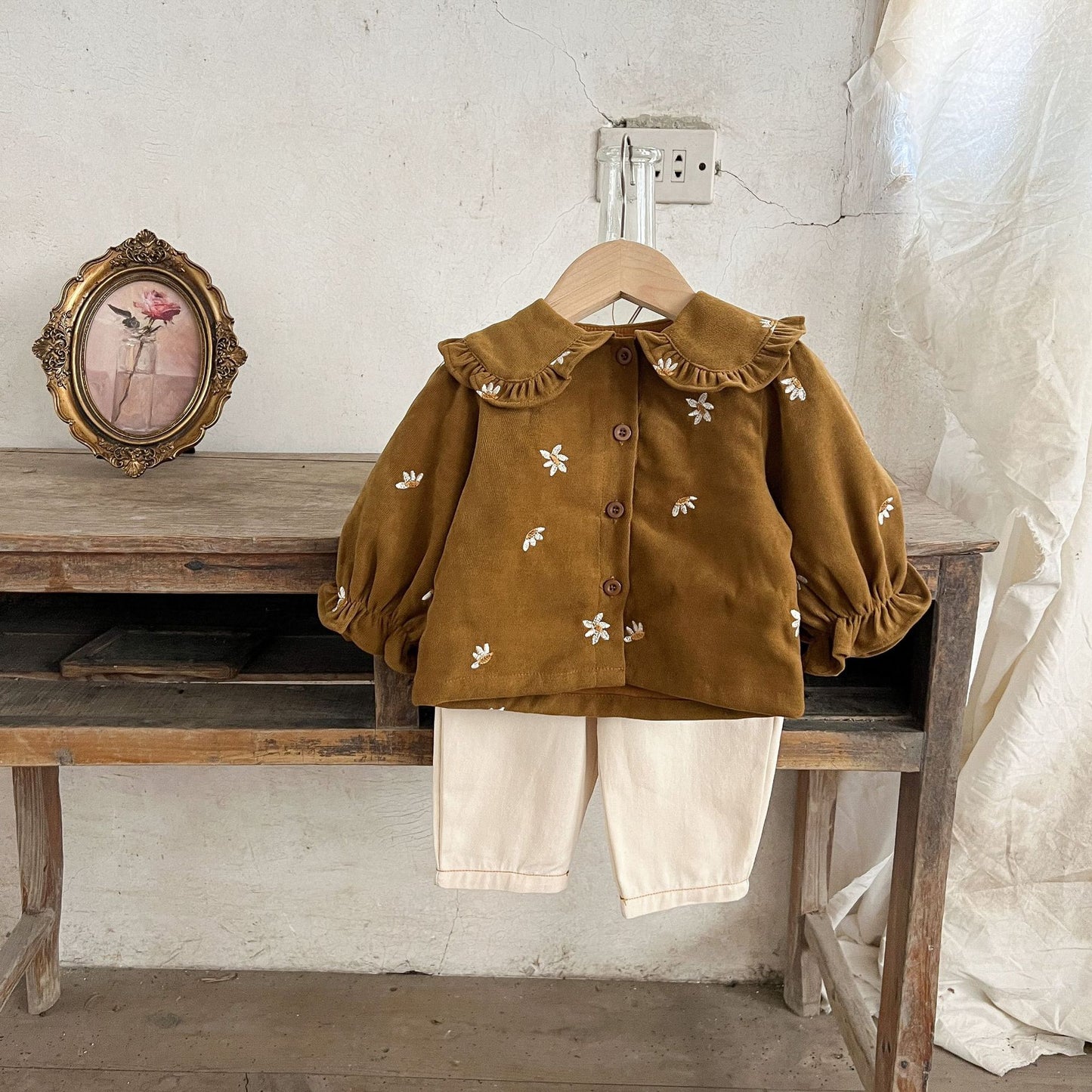 Style Spring Corduroy Embroidered Lapel Shirt Jeans Pure Cotton Loose Children's Suit