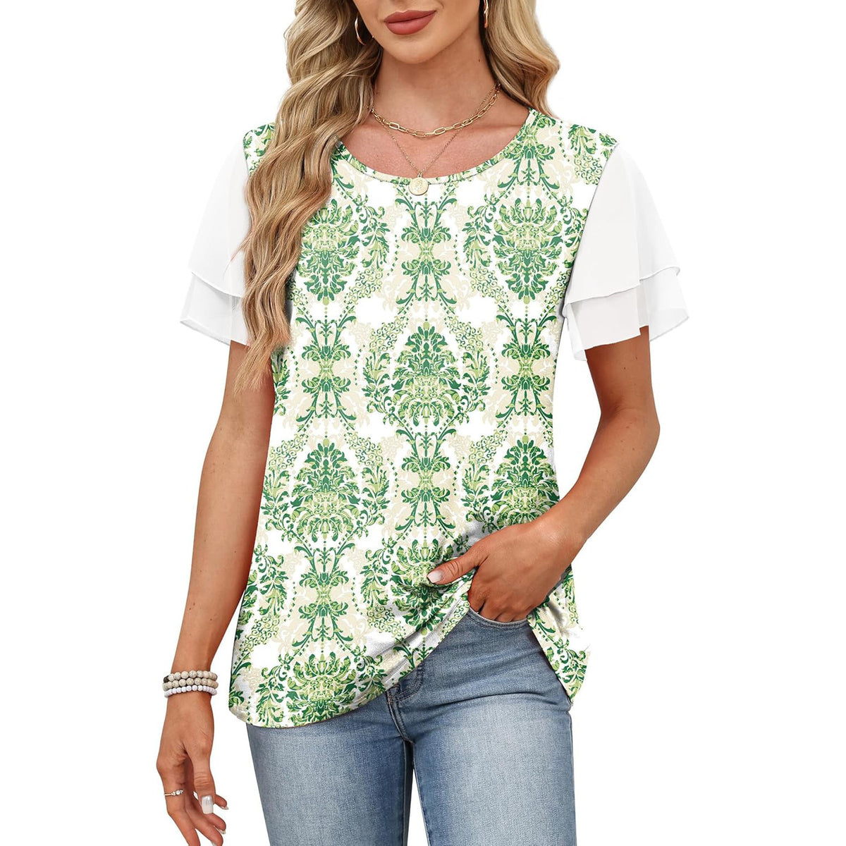 Women's Round Neck Printed Contrast Color Double Tops