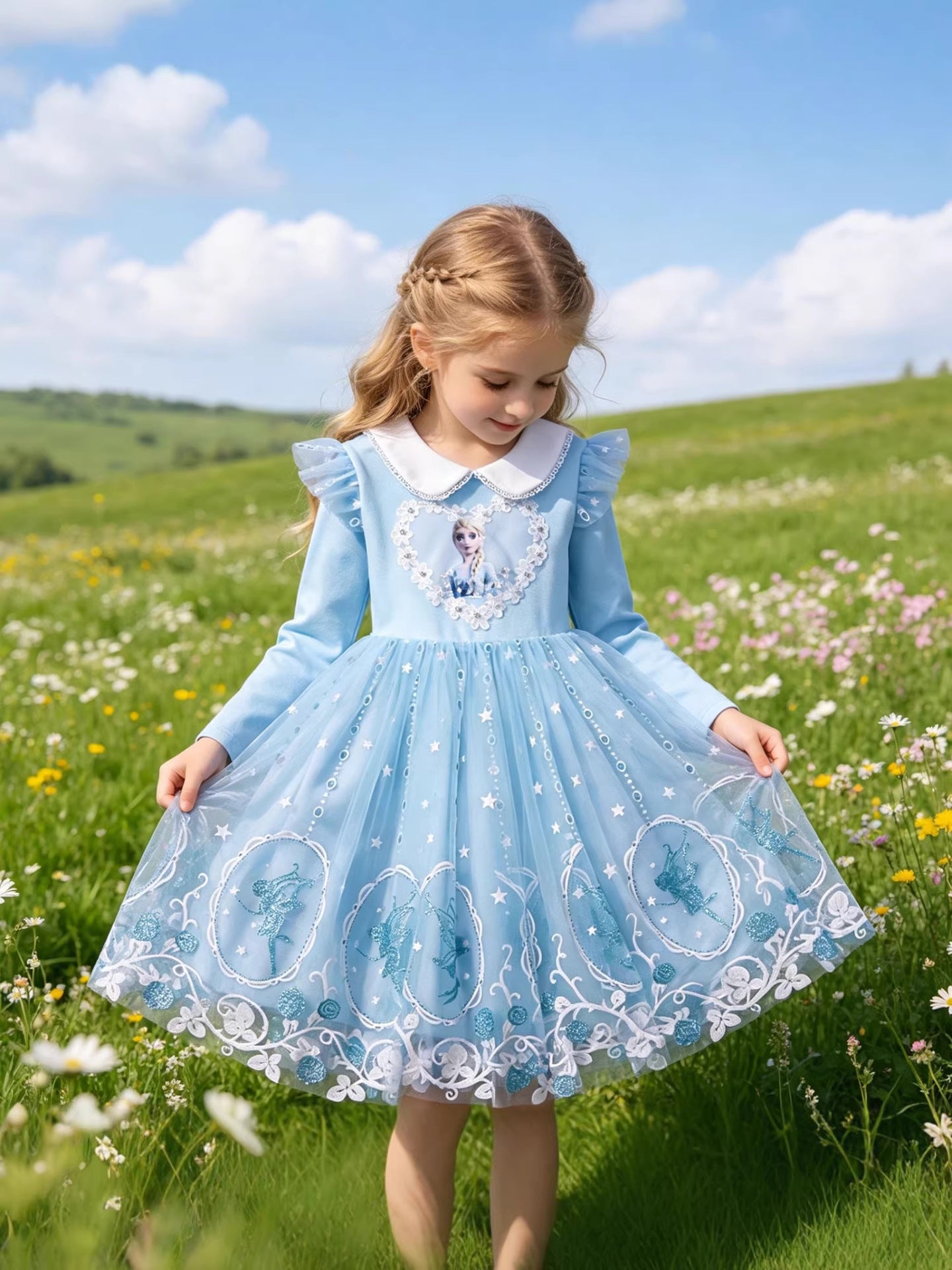 Princess Frozen Lace Collar Skirts Swing Sequined Children's Dress