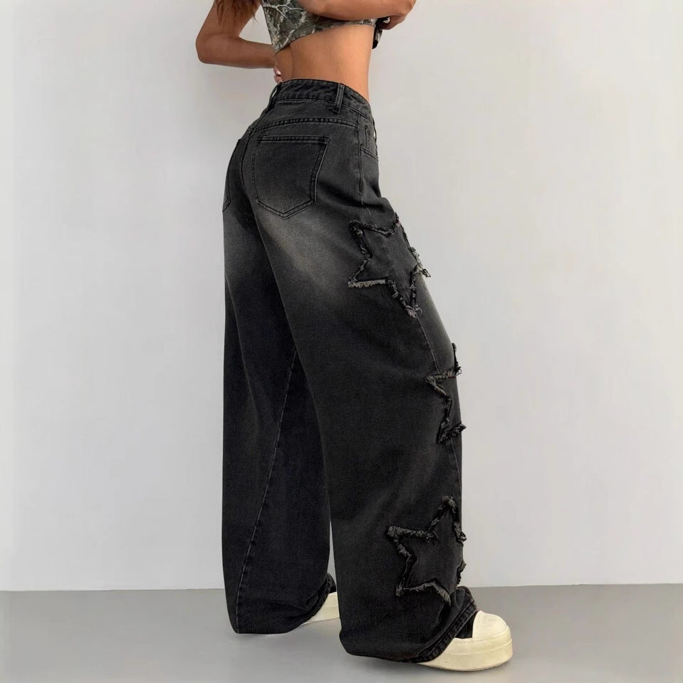 Women's High Street Fashion Fried Pentagram Embroidered Elastic Waist Loose Jeans