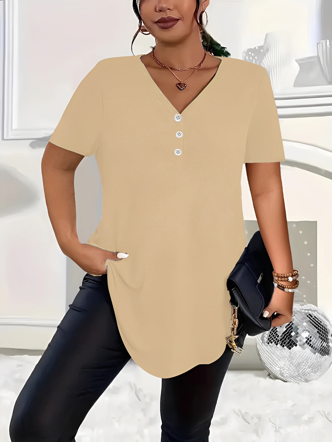 Women's Spring Fashion Solid Color Button Sleeve Women's T-shirt