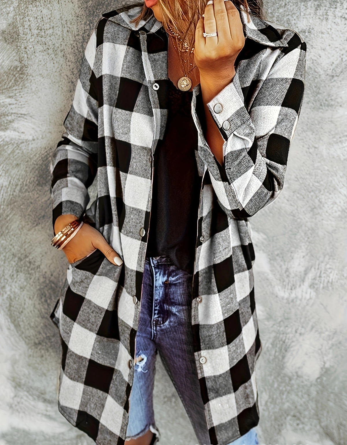 Women's Long Sleeve Plaid Lapel Loose Casual Jackets