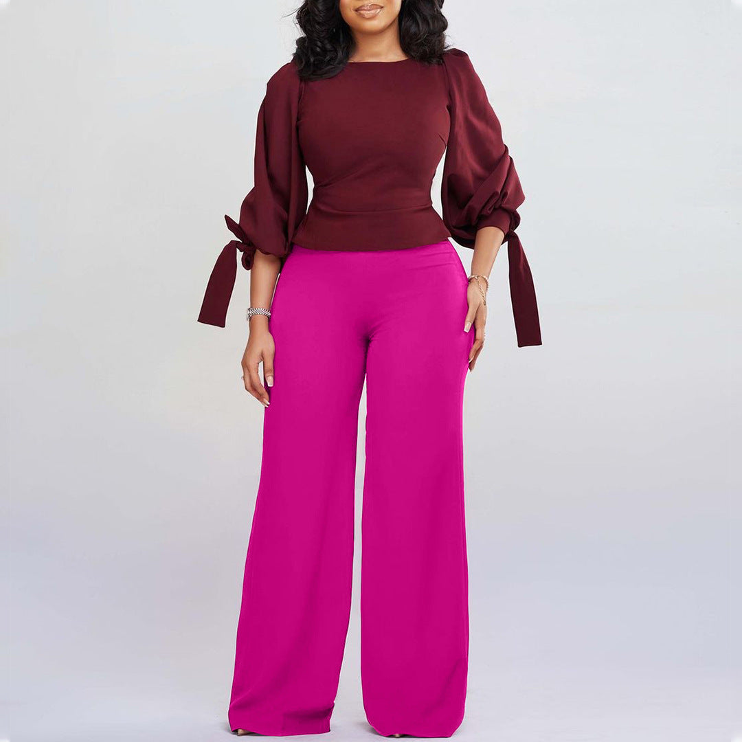 Women's Large Tied High Waist Wide Leg Fashion Casual Suit