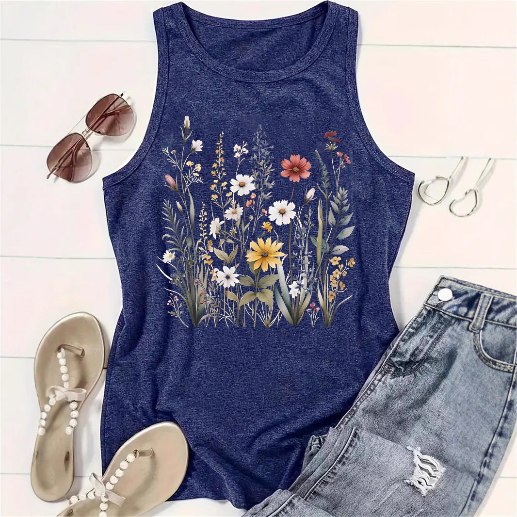Women's Floral Print Sleeveless T-shirt Round Neck Pullover Small Vest/suspenders/tube Top