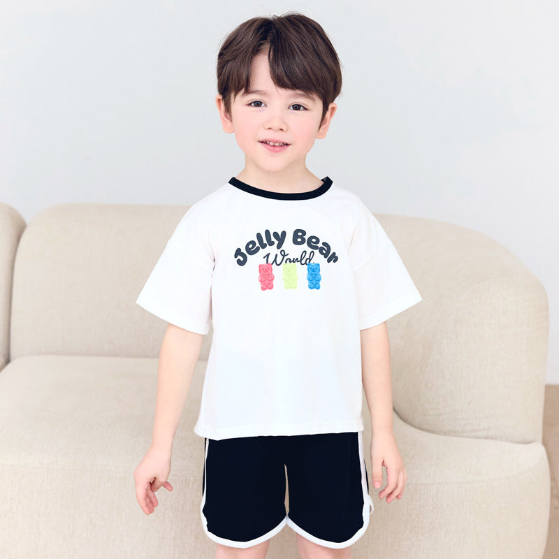 Children's Solid Color Bear Printing Two Casual Fashion Fashionable Short Children's Suit