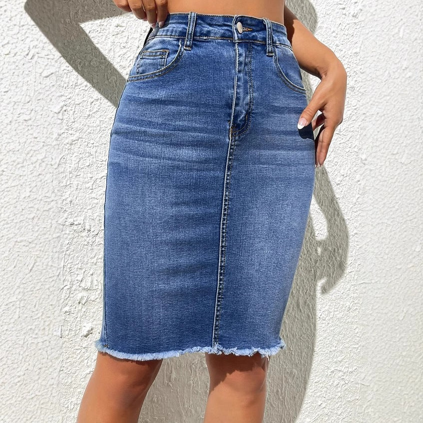 Stretch High Waist Frayed Denim Package Skirts