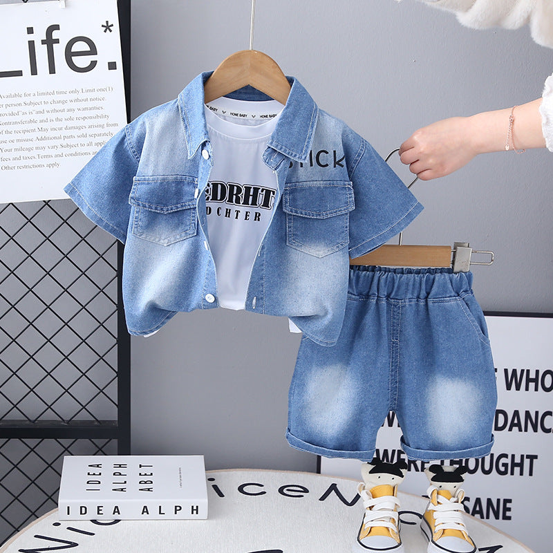 Summer White Denim Lapel Shirt Short-sleeved Three-piece Casual Children's Suit