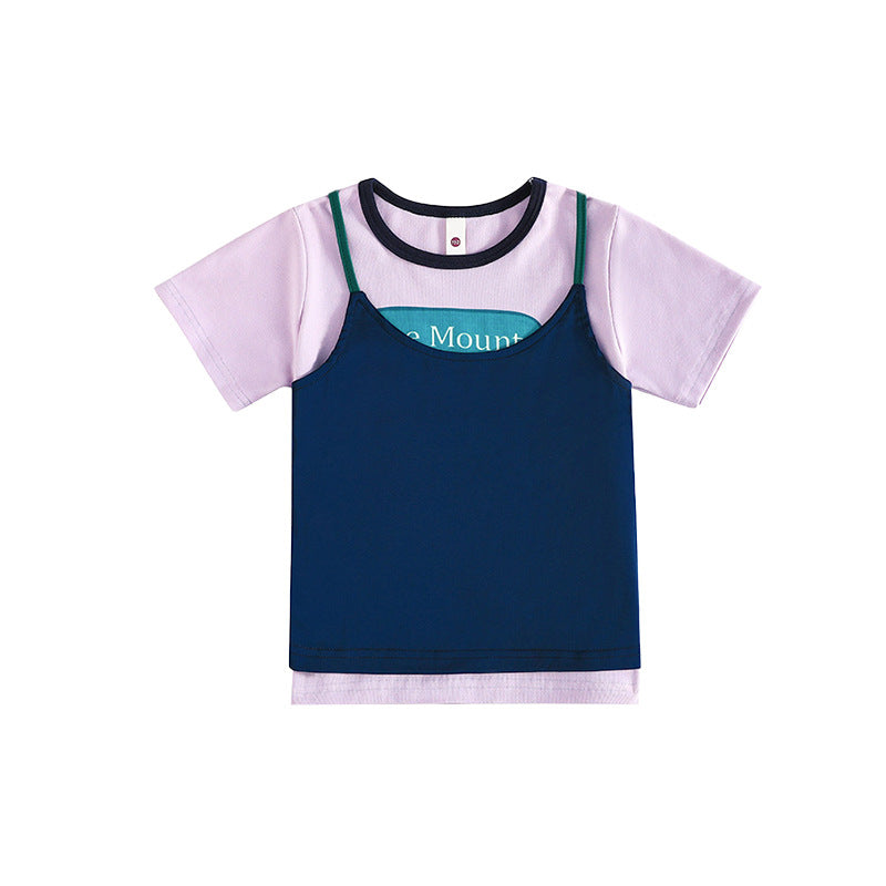 Children's Clothing Contrast Color Shoulder Strap Fake Children's T-shirt