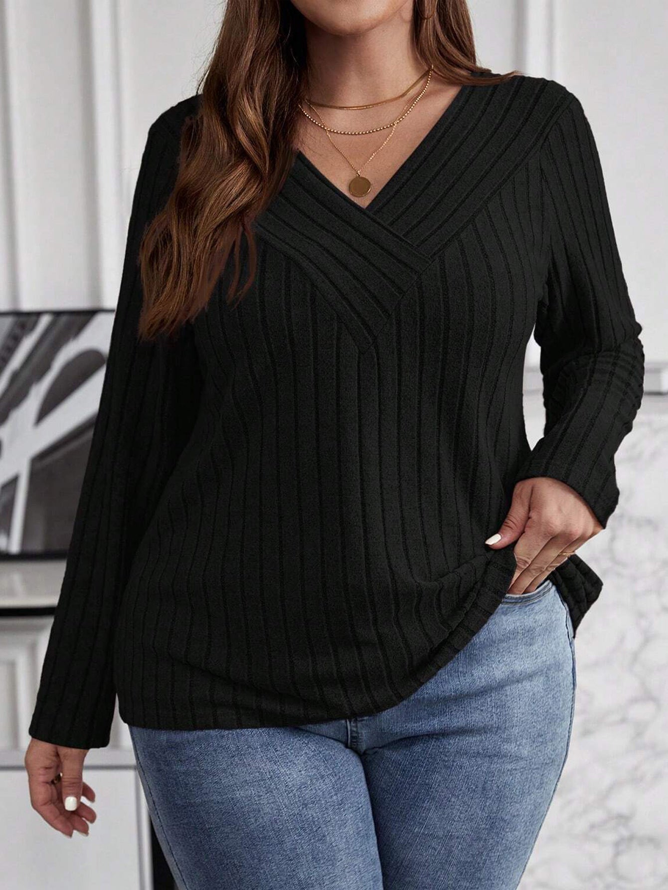 Solid Color Cross Long Sleeve Sunken Stripe Brushed Tops