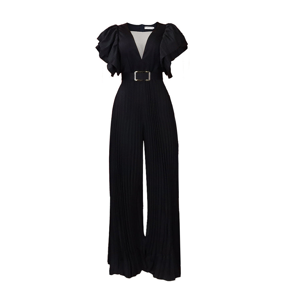Women's Mesh Sexy Pleated Wide Leg Fitted Jumpsuits