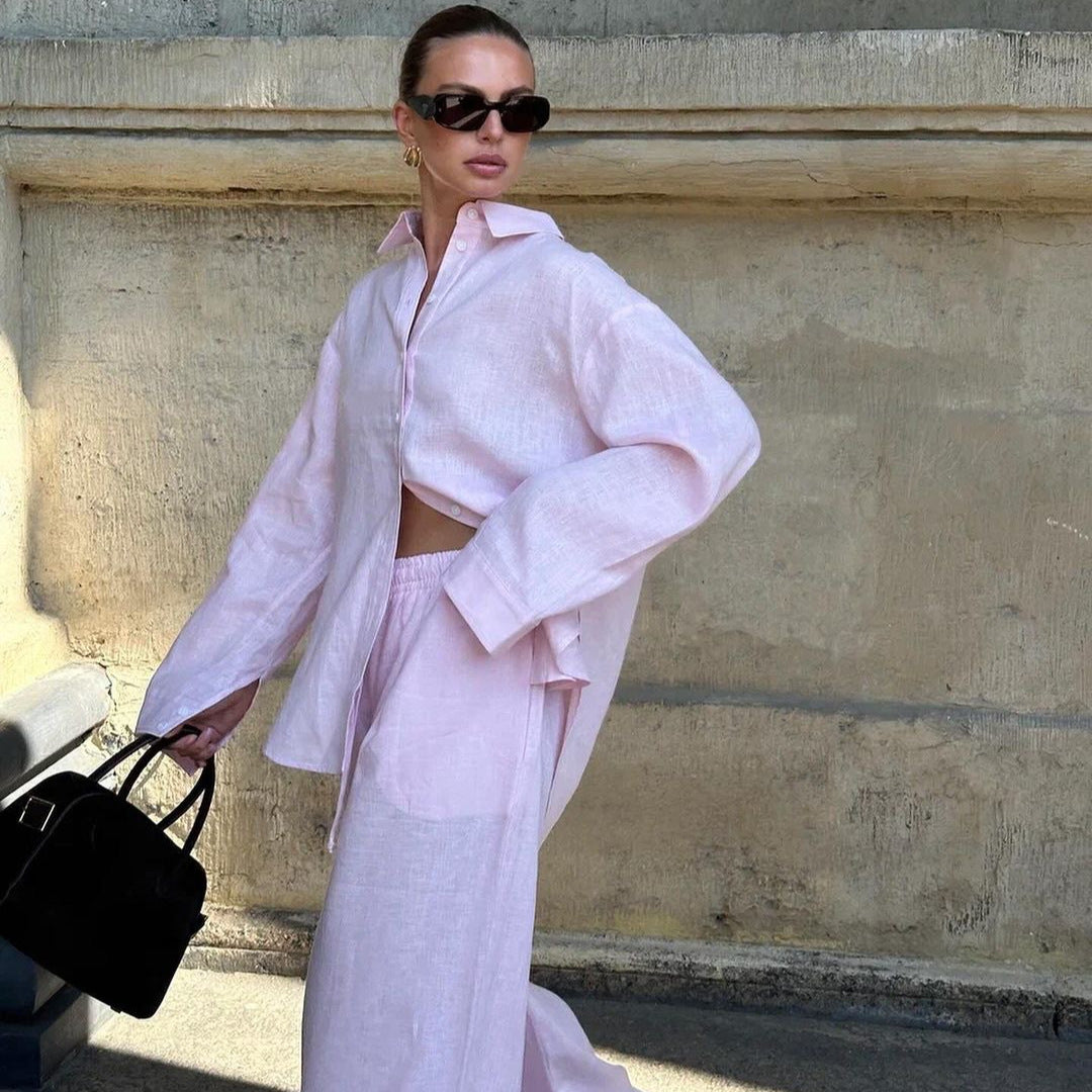 Lazy French Loose Pink Cotton Shirt Long Fashion Casual Suit