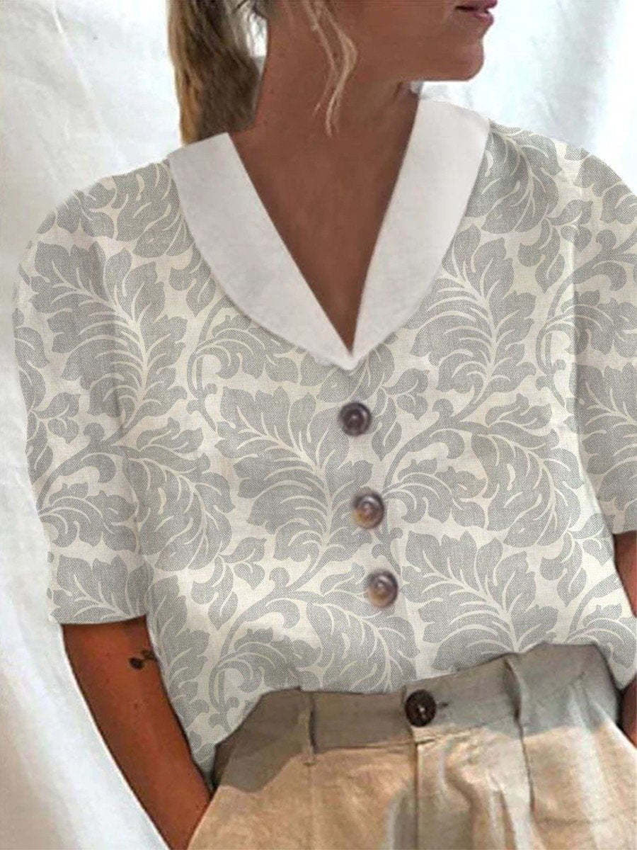 Women's Collar Button Casual Long Half Sleeve Cotton Blouse