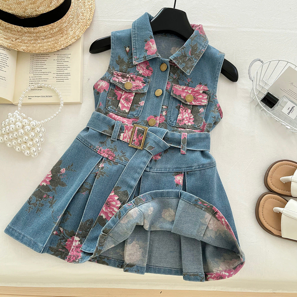 Summer Korean Style Printed Denim Sleeveless Children's Dress