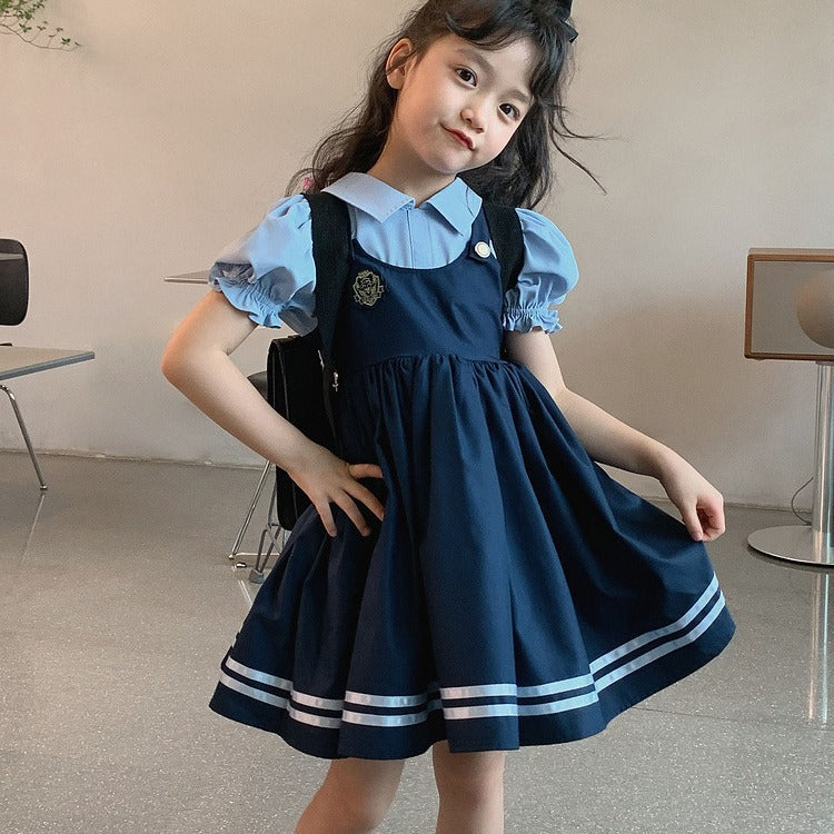 Summer Fake Two-piece Preppy Style Bubble Sleeve Children's Dress