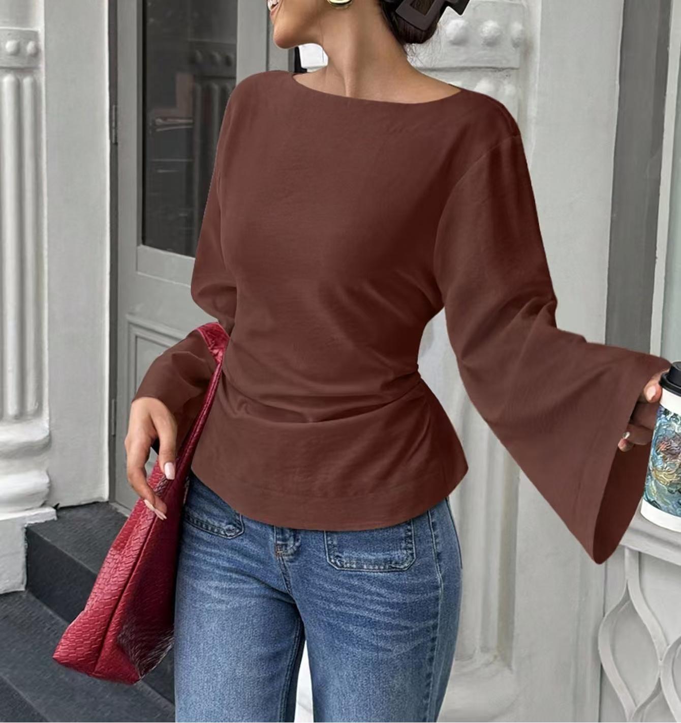 Casual Easy Matching Waisted Boat Neck Personality Street Trumpet Tops