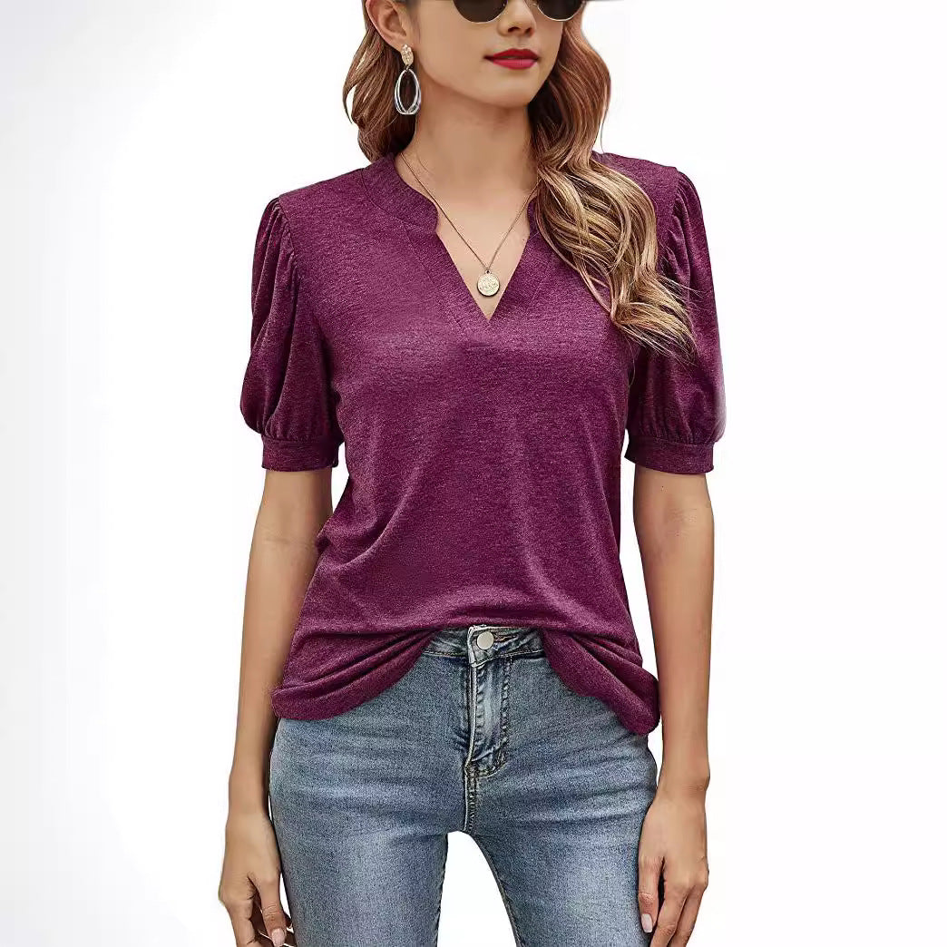 Women's Summer Casual Solid Color Puff Sleeve Tops