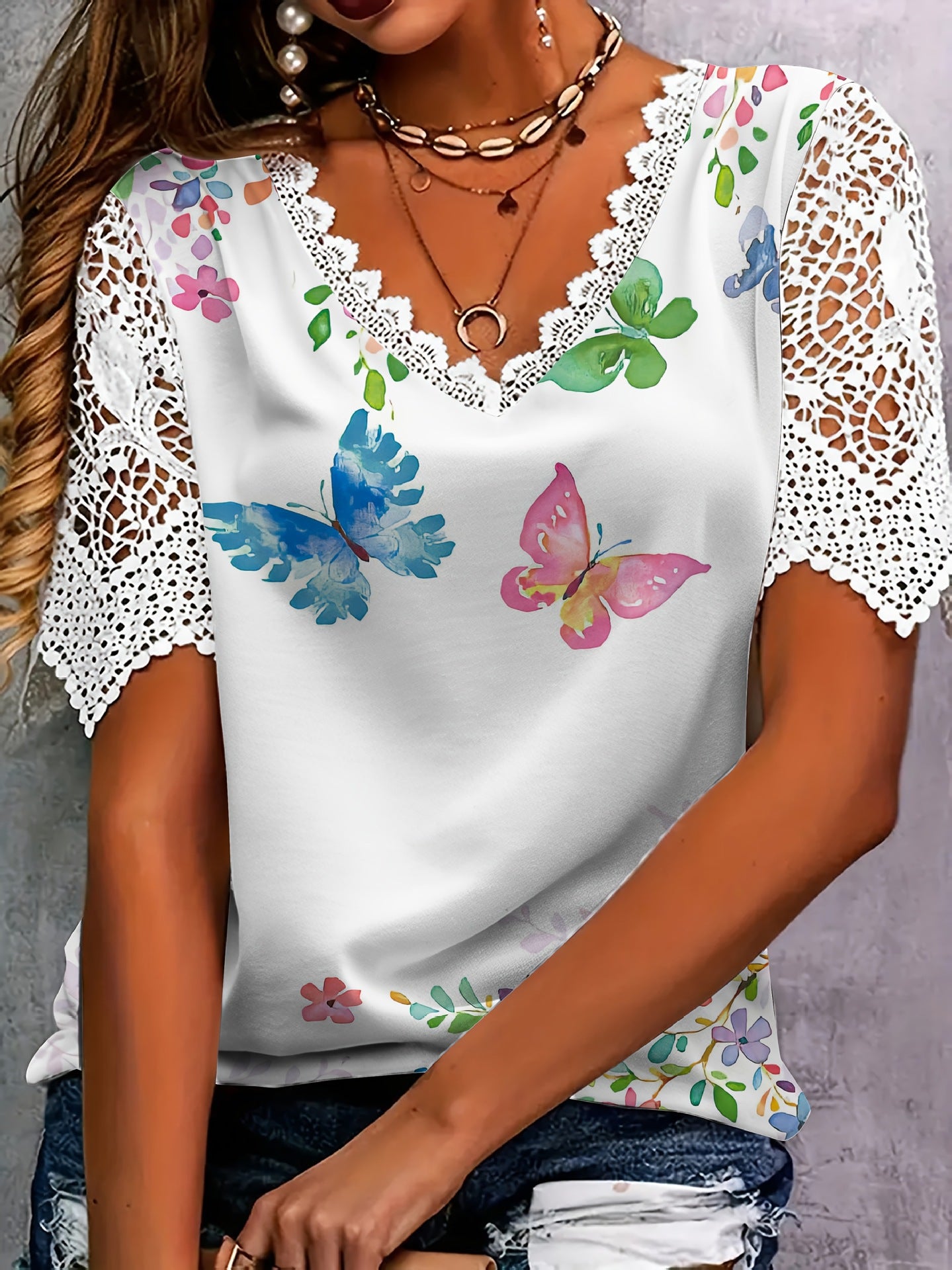 Women's Lace Stitching Fashion Printing Sleeve Female Tops