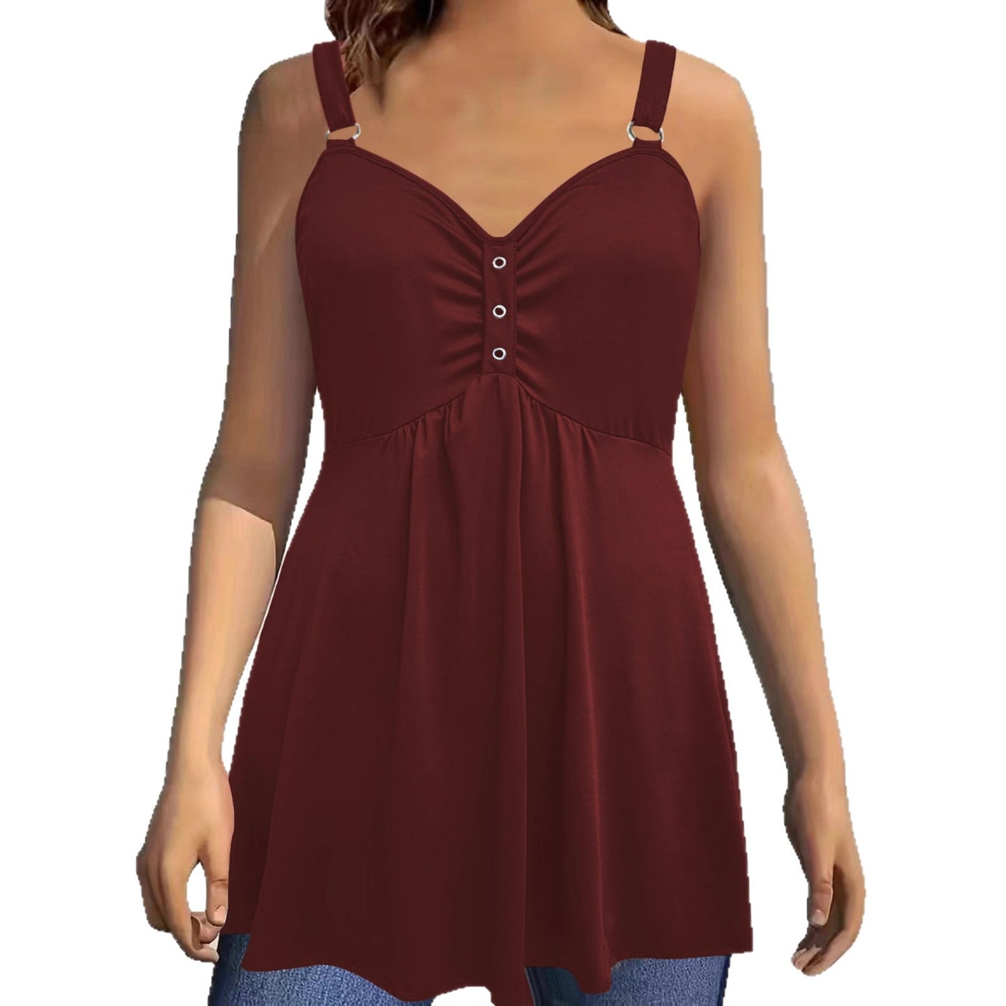 Versatile Solid Color Wide Shoulder Strap Pleated Large Vests