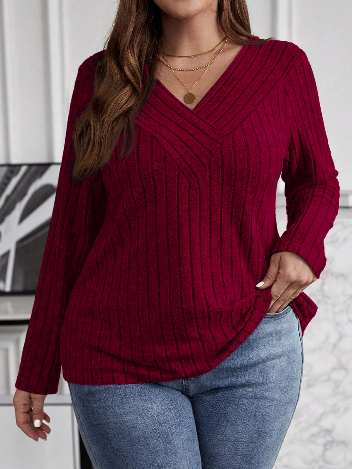 Solid Color Cross Long Sleeve Sunken Stripe Brushed Tops