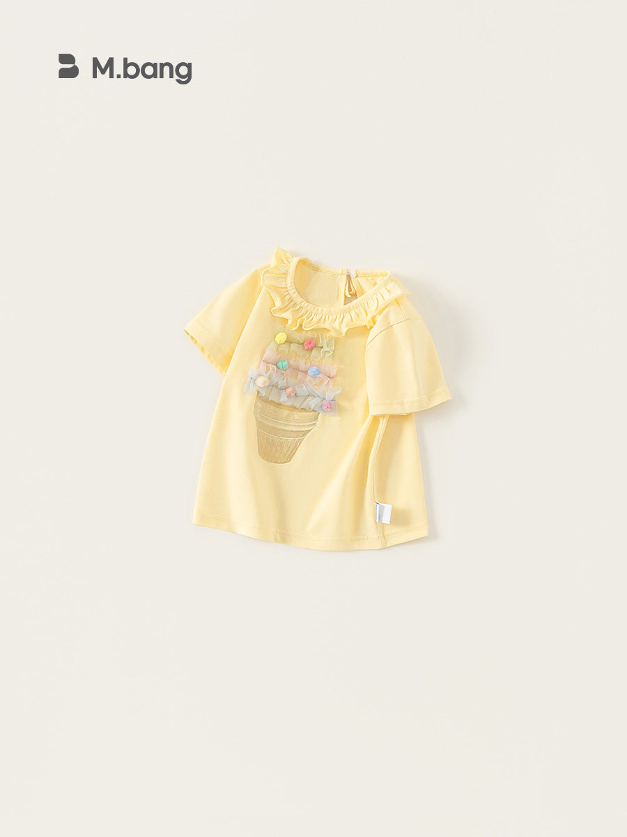 Children's Top Summer Lace Collar Printed Hairy Ball Female Little Short Children's T-shirt