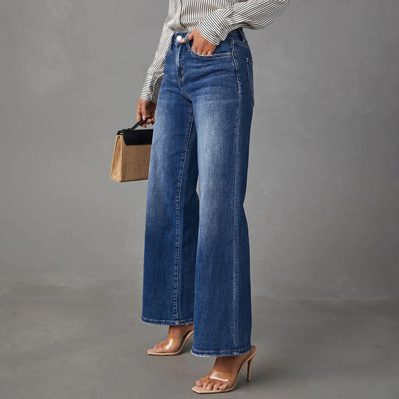 Women's Washed Dark Blue Straight High Elasticity Denim Super Women's Jeans